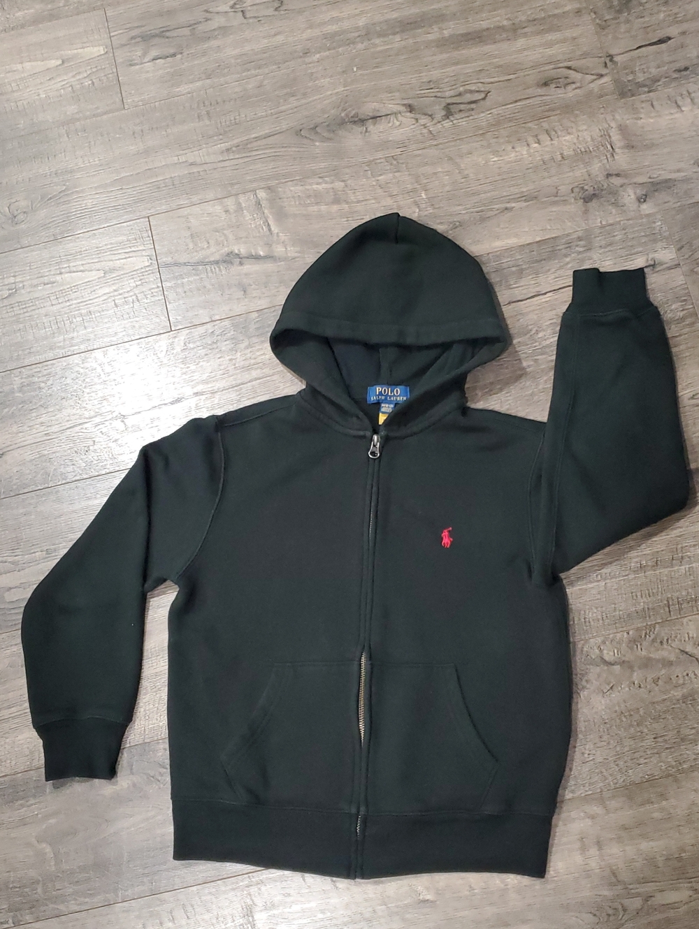 Polo by Ralph Lauren Black Zip-Up Hoodie with Red Pony Logo Size Medium (10-12)